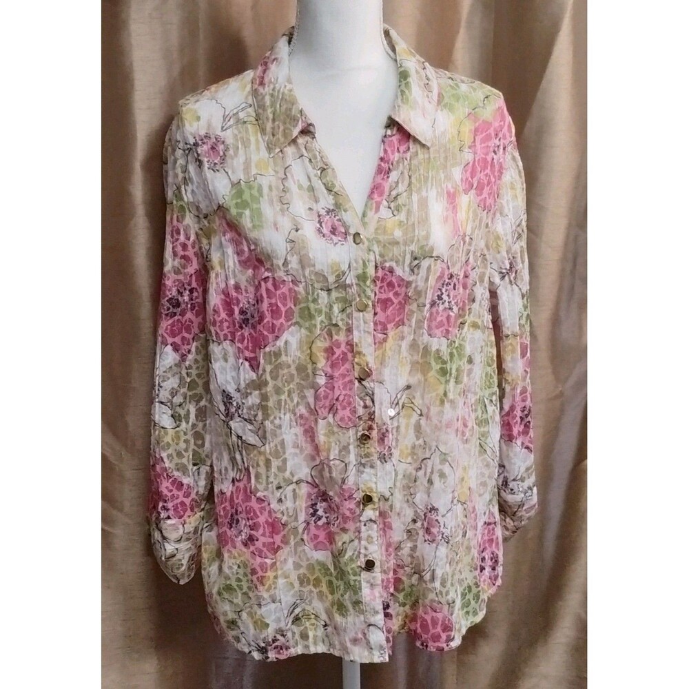 JM Collection Hibiscus Floral crinkle beachy/Hawaiian  roll tab sleeve blouse 16